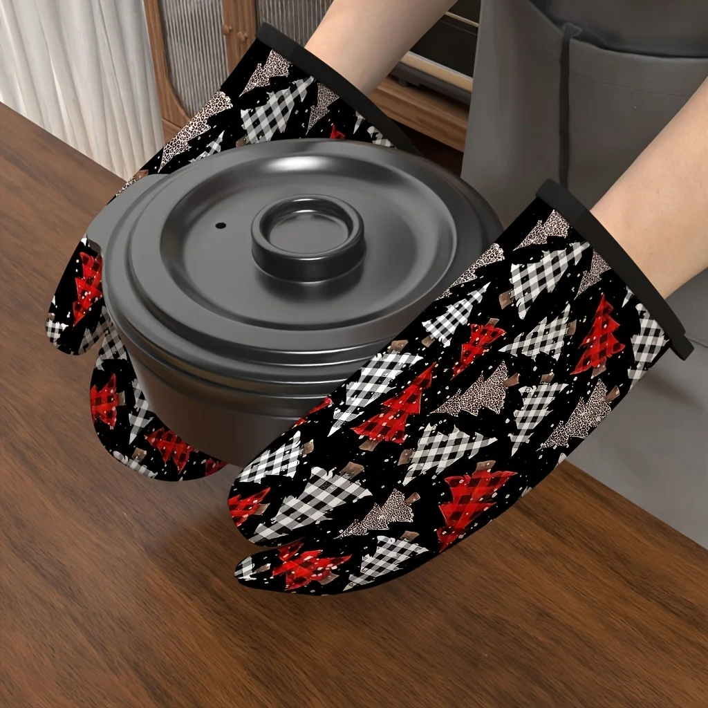 2pcs Oven Mitts, Multi-Color Buffalo Check Christmas Theme Patterns Heat-Resistant Kitchen Gloves, Baking Gift Gloves