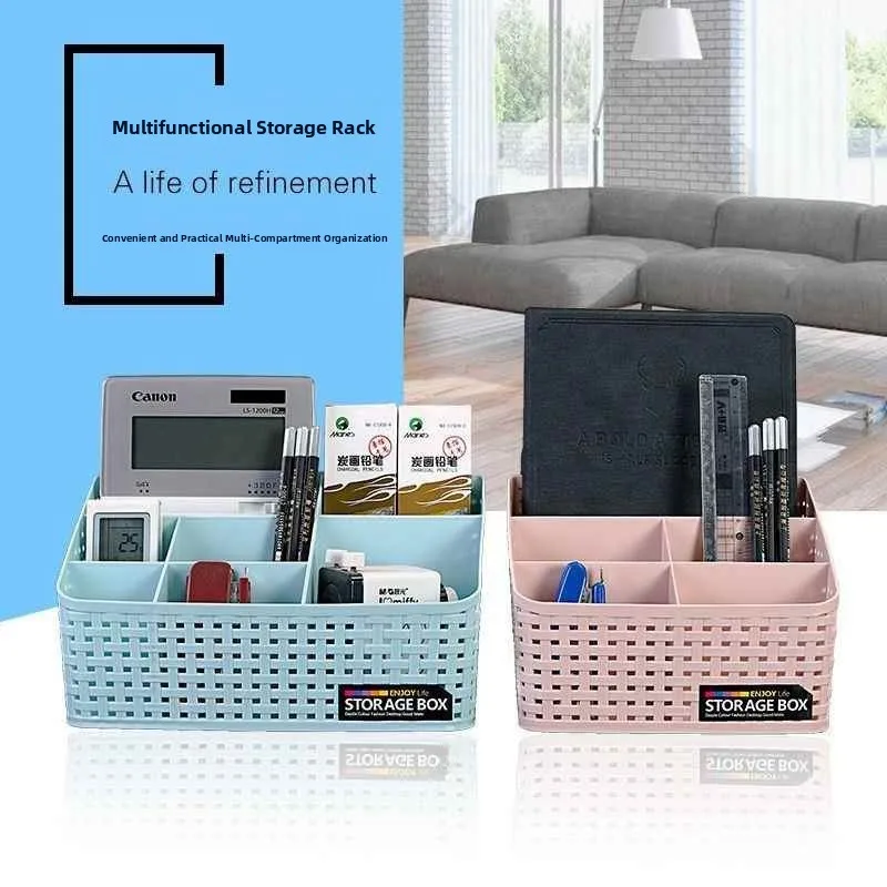 Rattan Woven Desktop Lipstick Cosmetic Storage Box Office Living Room Bathroom Multi-Function Remote Control Holder Rack