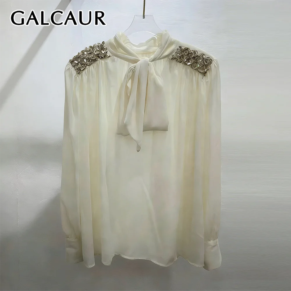 

GALCAUR Solid Loose Spliced Beading Blouse for Women Round Neck Long Sleeves Patchwork Lace Up Elegant Top Female Fashion New