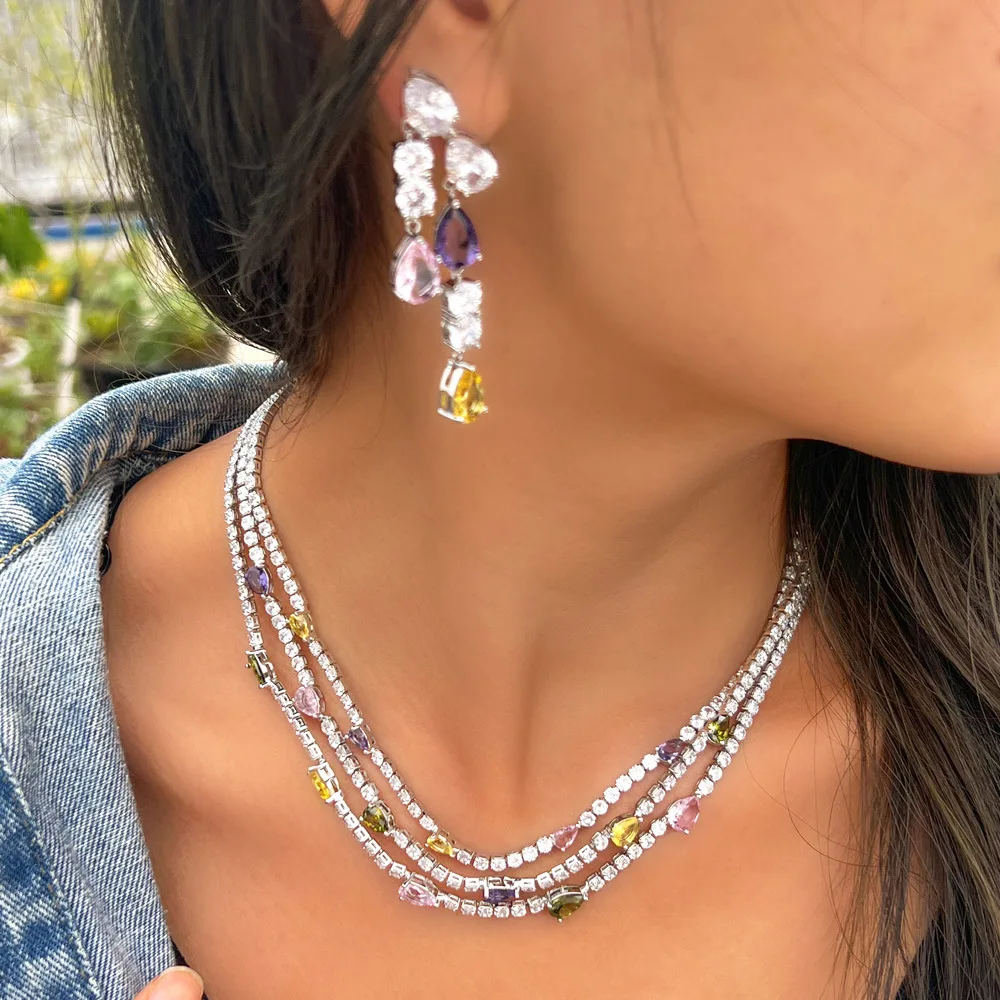 Shiny Colorful Cubic Zirconia 3 Rows Multi Layer Bridal Wedding Choker Necklace Earrings Jewelry Set for Women