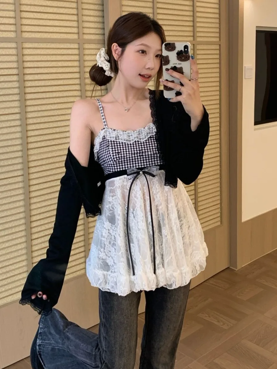 

plus Size Women's Spicy Girl Style Set Spring Summer New Plaid Lace Splice Strap Long Sleeve Open Cardigan Outerwear