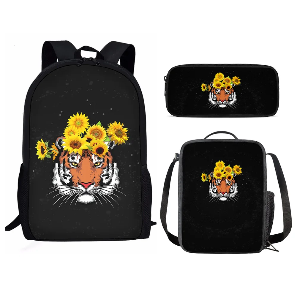 Tas ransel motif bunga harimau, tas ransel Laptop motif 3D, tas buku siswa sekolah motif kartun sederhana dengan tas makan siang dan tas pensil