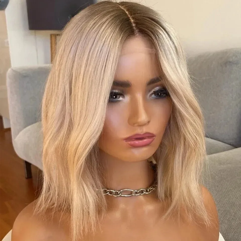 الرماد شقراء ملونة قصيرة الدانتيل شعر مستعار أمامي للنساء موجة طبيعية البرازيلي شعر مستعار اصطناعي Preplucked HD شفافة