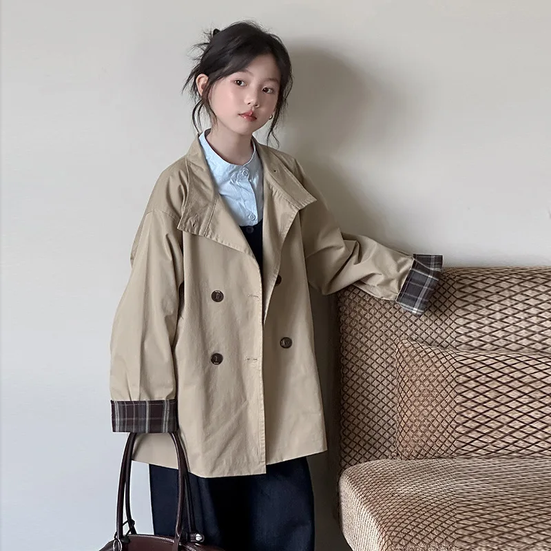 

2025 Autumn New Kids Coats Girls Trench Coat Korean Edition Children's Long Sleeve Checkered Splicing Windbreaker Coat