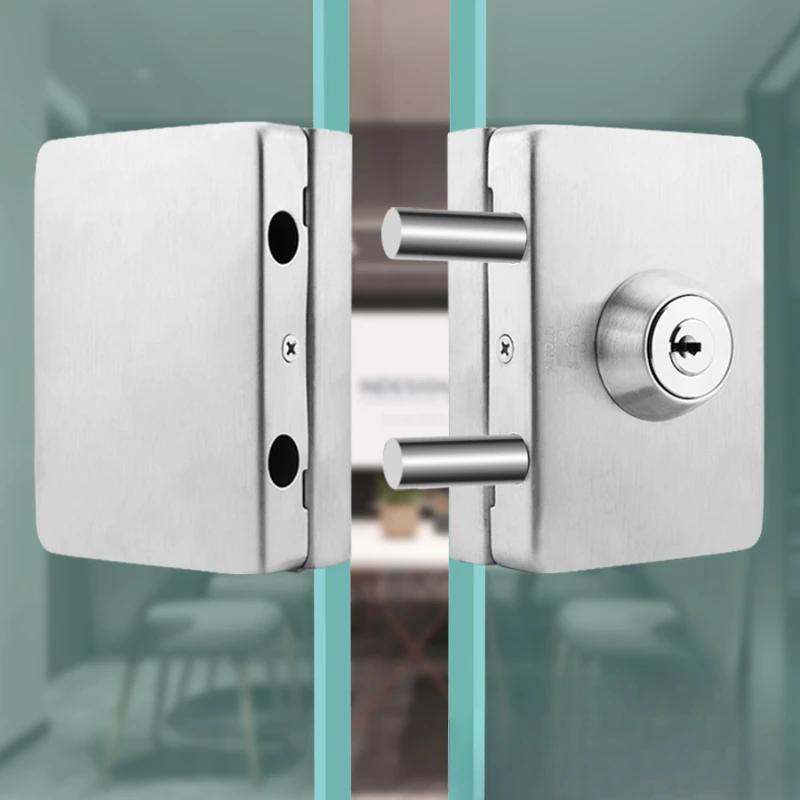 Stainless Steel Frameless Glass Door Lock for Shops, Single and Double Doors, No Drilling for Tempered Glass Doors with 3keys