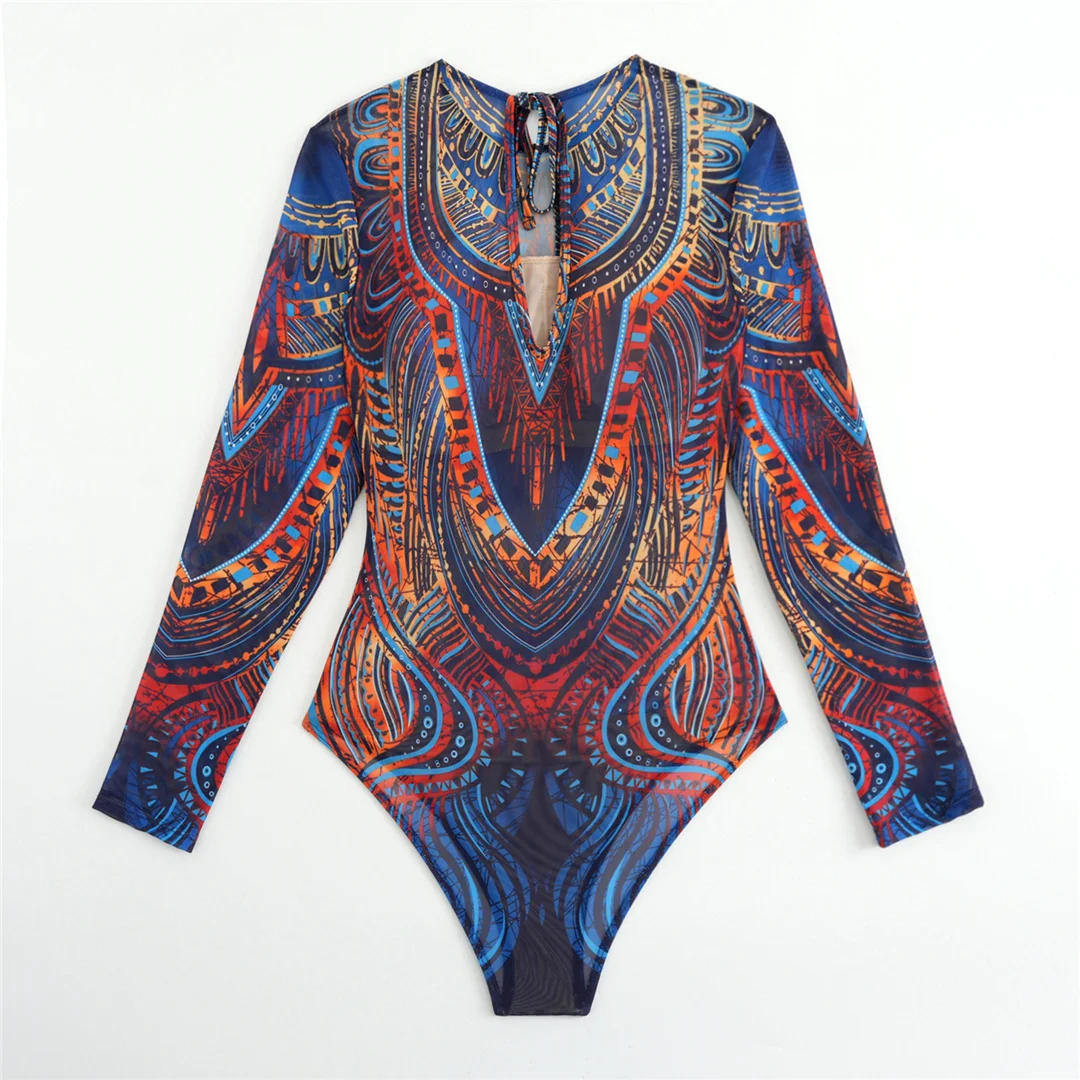 XS - XXL Bedruckter Langarm-Badeanzug mit Sarong, Damen-Badeanzug, einteiliger Badeanzug, weiblicher Badeanzug mit hohem Beinausschnitt, Badebekleidung, Badeanzug V7136 – Detail 7