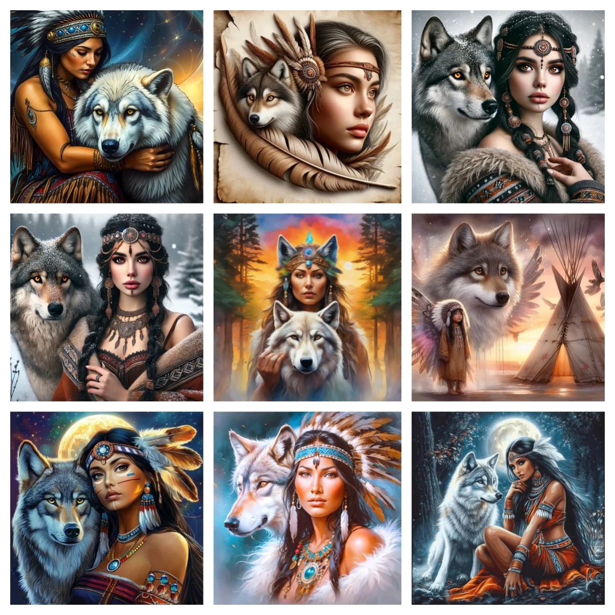 

Indian Girl and Wolf 5D Diamond Painting Wolf Totem DIY Diamond Embroidery Animal Living Room Wall Decor Relieve Stress Hand