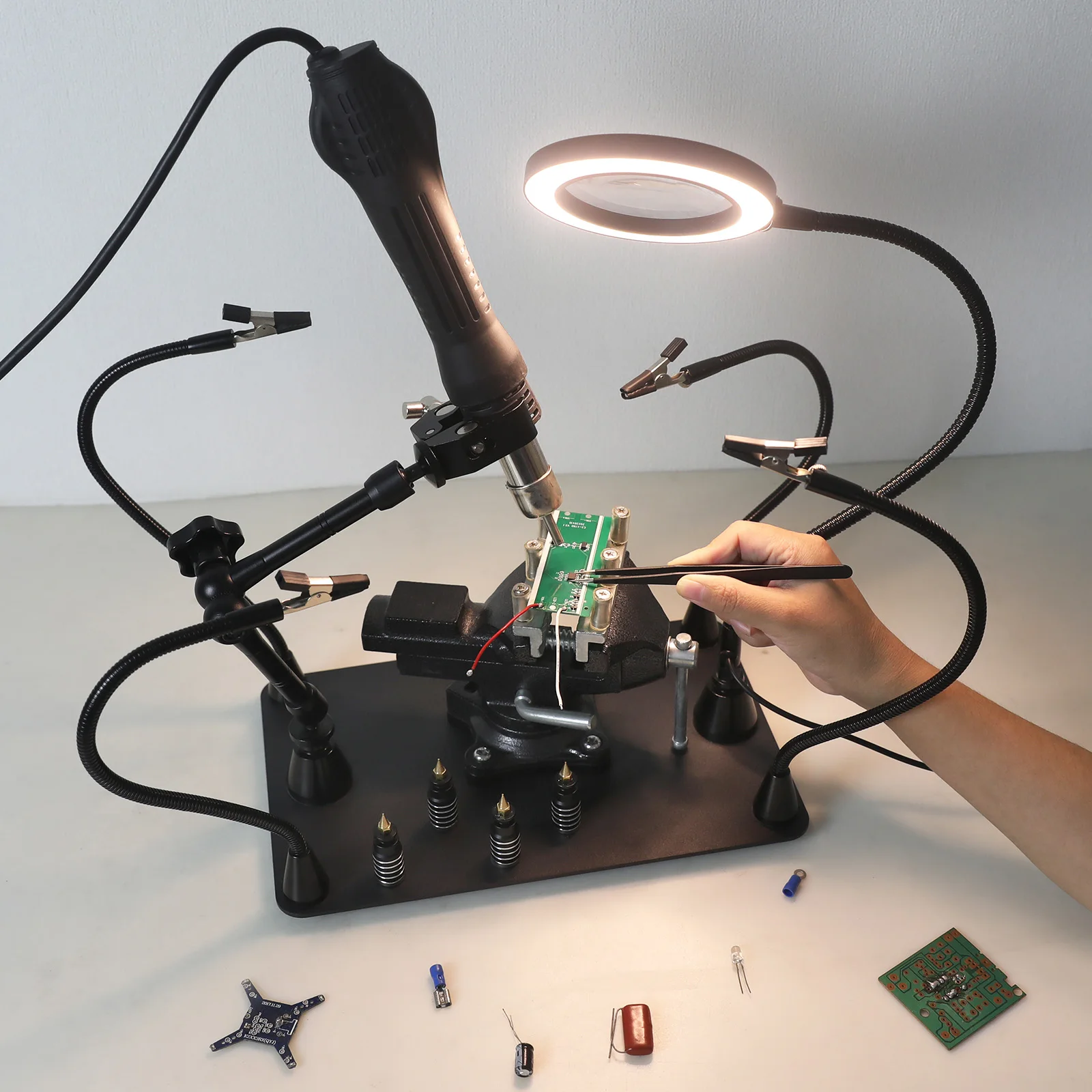 NEWACALOX Magnetic Helping Hands Soldering Third Hand PCB Circuit Board Holder with 5X LED Magnifying Lamp 360 Heat Gun Holder