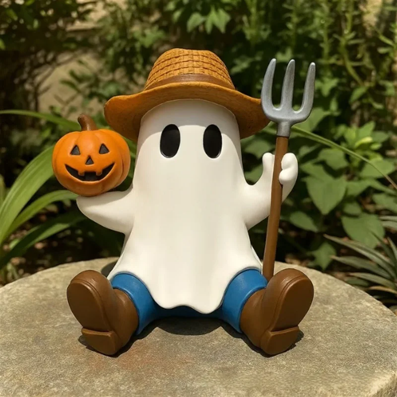 

Halloween Character Ghost Figurine Cute Rugby Ghost Sculpture Resin Tabletop Ornament for Home Party Indoor Outdoor Decor