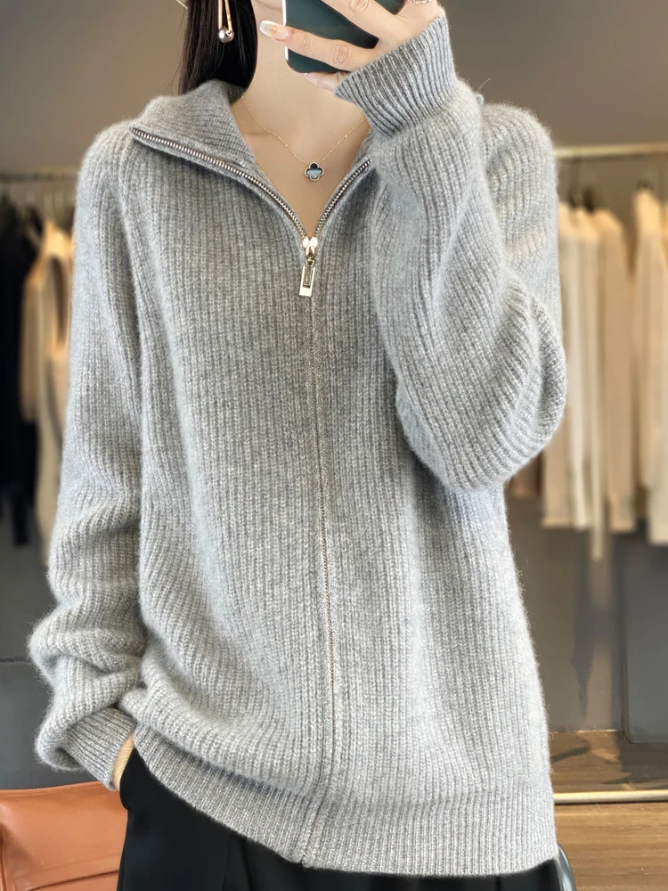 Women 100% Pure Wool Cardigan Sweater Autumn Winter Soild High Neck Zipper Thickened Knitted Jacket  Warm Loose Casual High-end