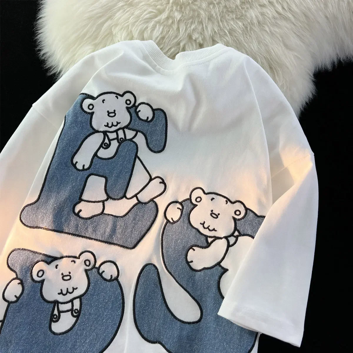 

American Niche Fun Letter Little Bear Pure Cotton Short Sleeved T-shirt for Men and Women Summer Loose and Lazy Style Couple Top