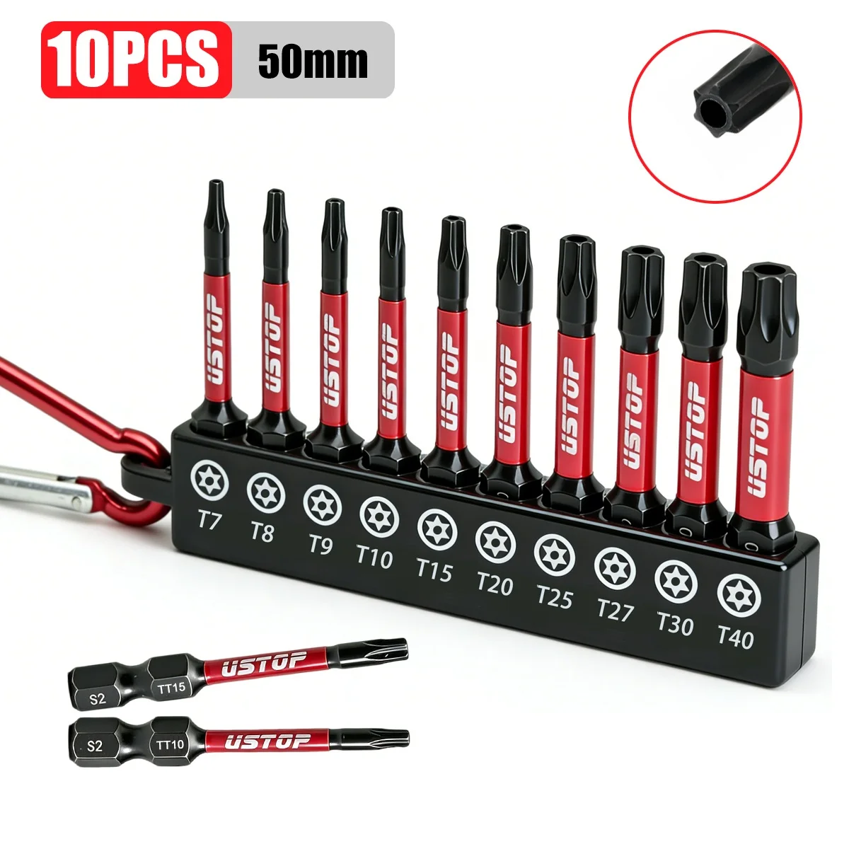 Ustop, Conjunto de 10 Peças de Pontas de Impacto Antiviolação em Formato de Estrela com Clipe Mosquetão, Tipo Tt7-T40, 50mm de Comprimento, Pontas Torx Magnéticas de Segurança, Material em Aço S2, Compatível com Furadeiras Elétricas e Chaves de Fenda