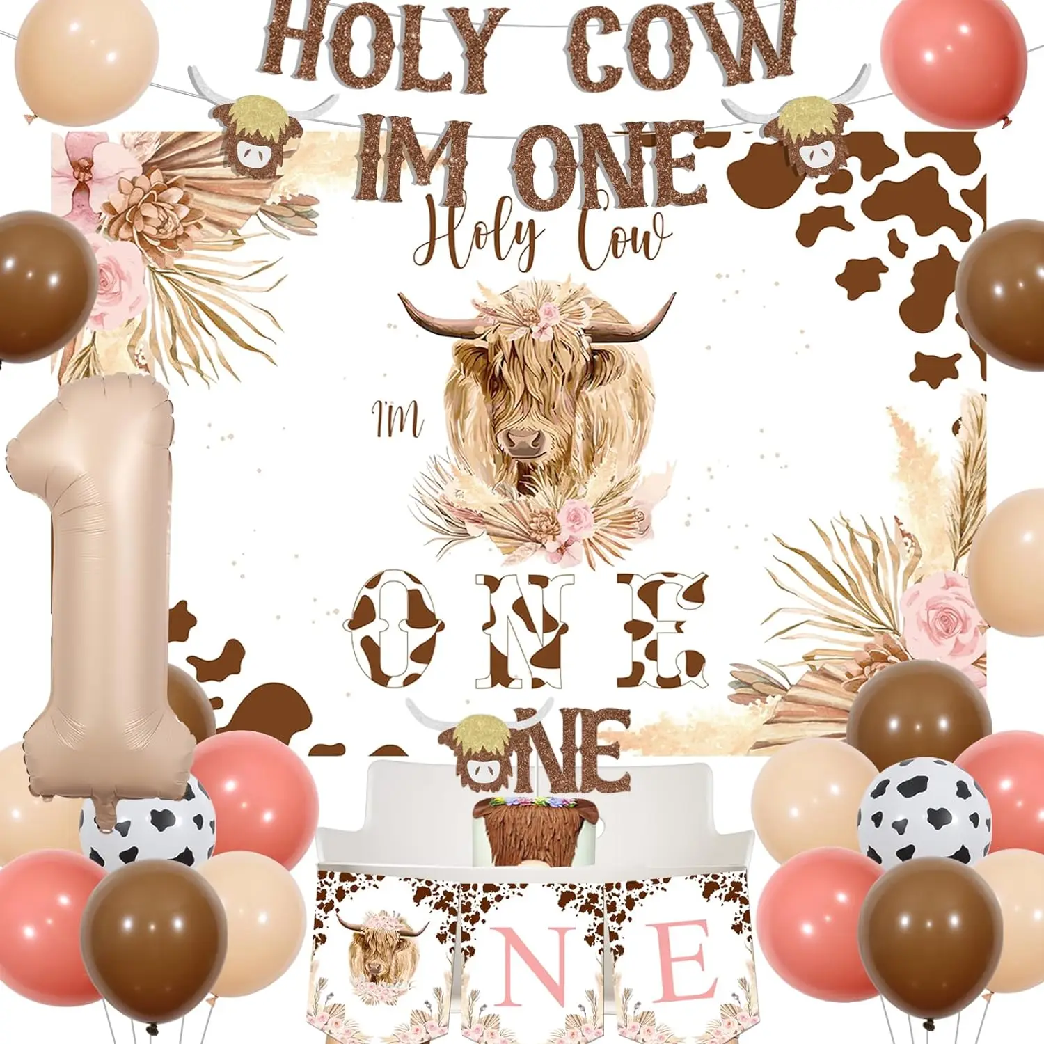 

Highland Cow 1st Birthday Decor I’m One First for 1 Year Old Caramel Color Balloon Cake Topper Backdrop Highchair Banner