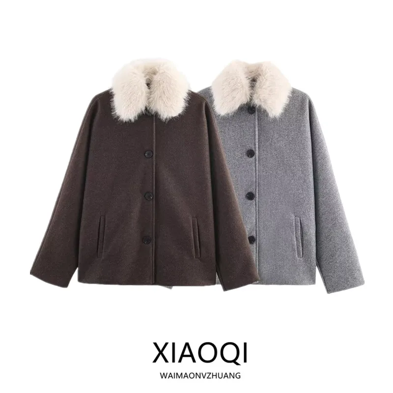 

Модное зимнее шерстяное пальто, женское универсальное двухцветное, широкое, с меховым воротником, длинное све, на пуговицах, для поездок на работу, S...