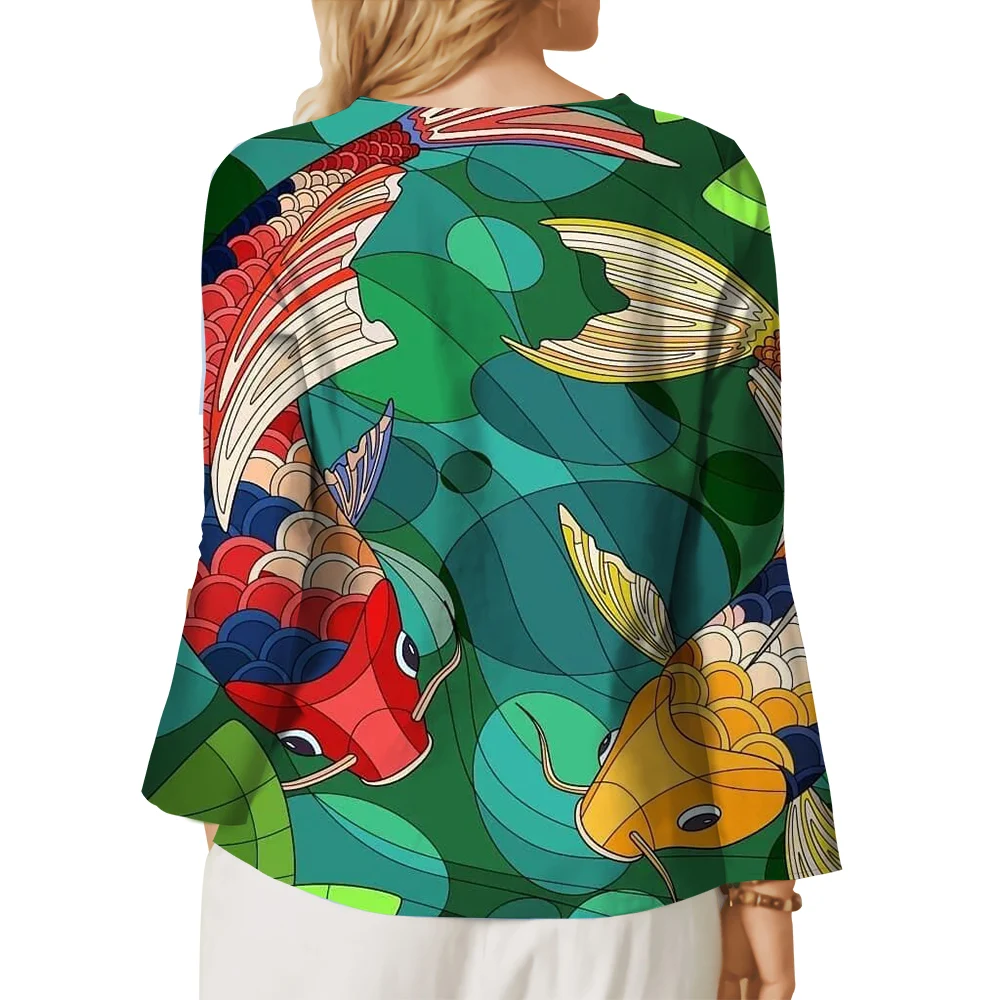 CLOOCL Green Women T-shirt Koi Carp Painting 3D Print Button Decorate Long Sleeve Tee Oversized Aesthetic Tops Chinese Style