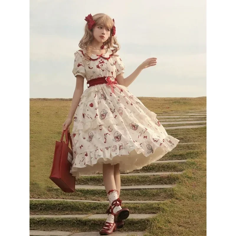 2025 Autumn Lolita Dress Beige Apple Print Chiffon Girl Mid Length Kawaii Dress Short Sleeve Petal Collar Waist Tight Op Dresses