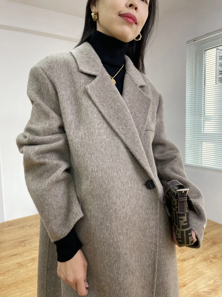 

Simple Women Double-sided Wool Cashmere Coat Fashion One-button Lapel Long Sleeve Wool Coat Straight Loose Jacket Autumn Winter