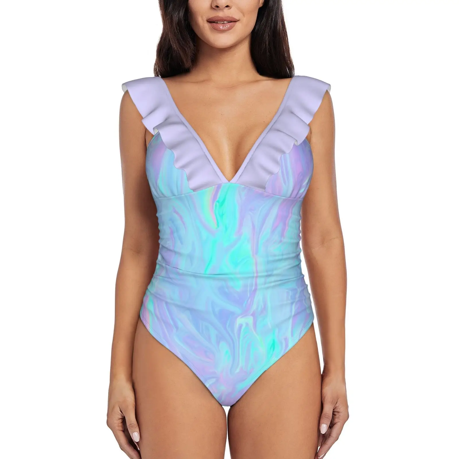 Holo Mermaid Women'S Ruffle One Piece Swimsuit Bodysuit One Piece Swimwear Bathing Suit Beachwear Holo Holographic Pastel