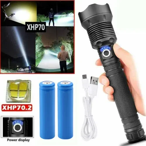 XHP70 LED Flashlight USB Rechargeable Tactical Zoomable Handheld Lighting Device High Power For Outdoor And Professional Use