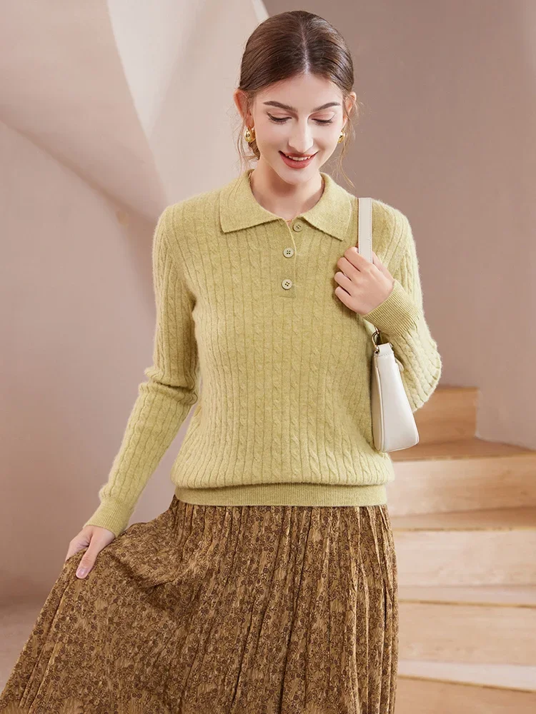 2024 Women Fall Winter Polo Collar Wool Cashmere Pullover Sweaters Allover Cable Winter Jumper High-end Knitted Tops