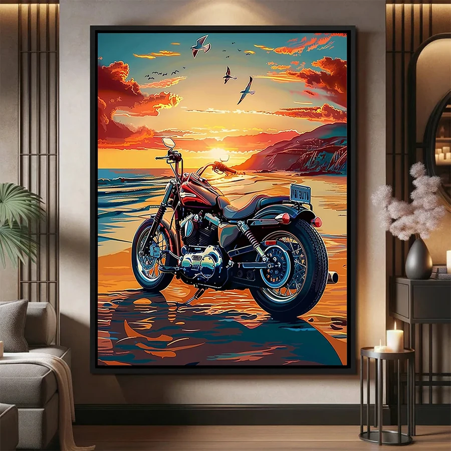 

DIY комплект алмазной живописи новый закат пляж мотоцикл пейзаж Алмазная мозаика полная дрель вышивка ручная работа хобби