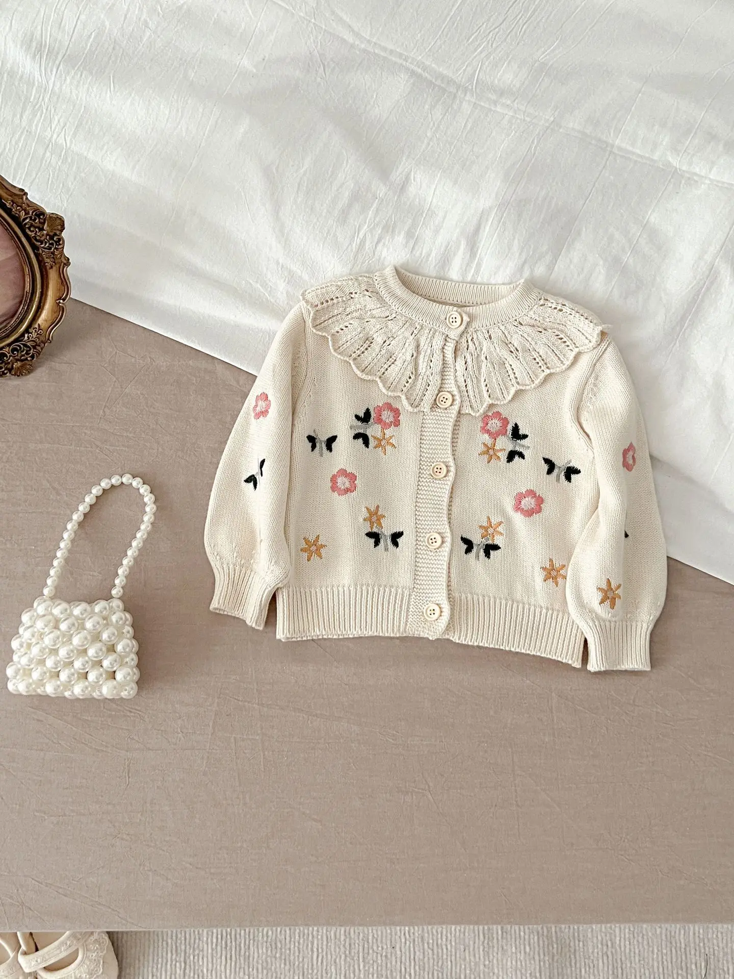 Spring And Autumn Newborn Infant Baby Girls Kids Muslin Flower Knit Embroidery Overcoat Fashion Baby Clothing