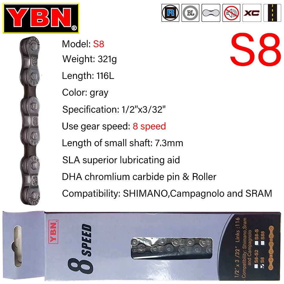 YBN Bike Chain 8/9/10/11/12 Speed MTB Road Bike Chain Compatible with SRAM SHIMANO Unpacked Bicycle Chain 116 Links Silver S11S