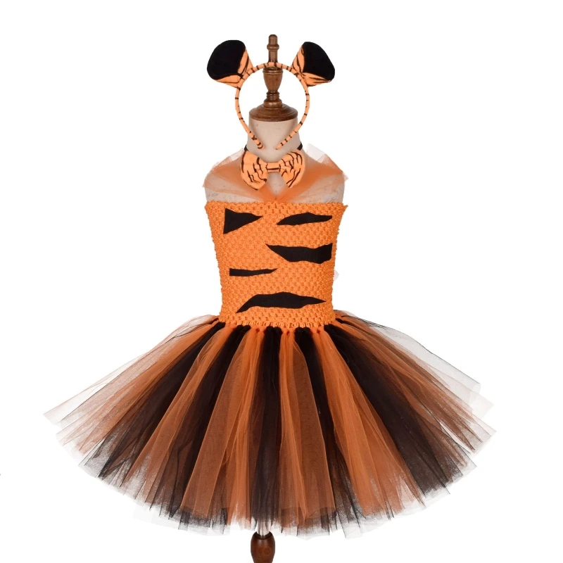 4 pezzi Tiger Costume Set orecchie di tigre fascia coda Tutu gonna fiocco per bambino Halloween natale animale accessori Cosplay