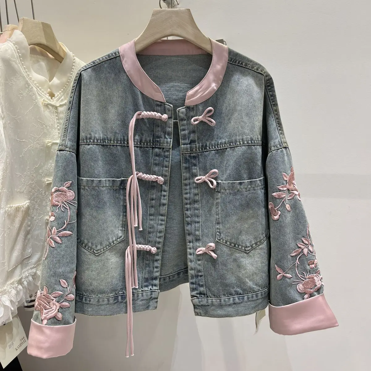 Short Buckle Denim Coat Women New Chinese Style stand collar Top 2024Spring  Bomber Outerwear Fashion Street Jeans Jacket female