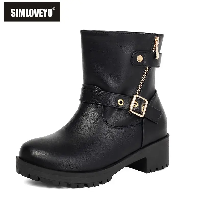 SIMLOVEYO Yellow Women's Ankle Boots Round Toe 5cm Thick Heel 2.3cm Platform Zipper Belt Buckle Big Size 43 44 45 Leisure Botas