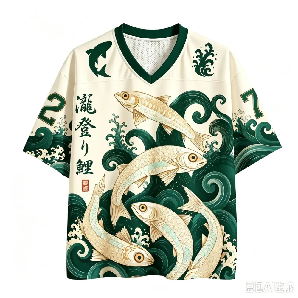 Y2K Koi Fish and Wave Patterns 3D Print Men Sport V-neck T-shirt Outdoor Street Casual Fashion Quick-drying Breatha Parent-child