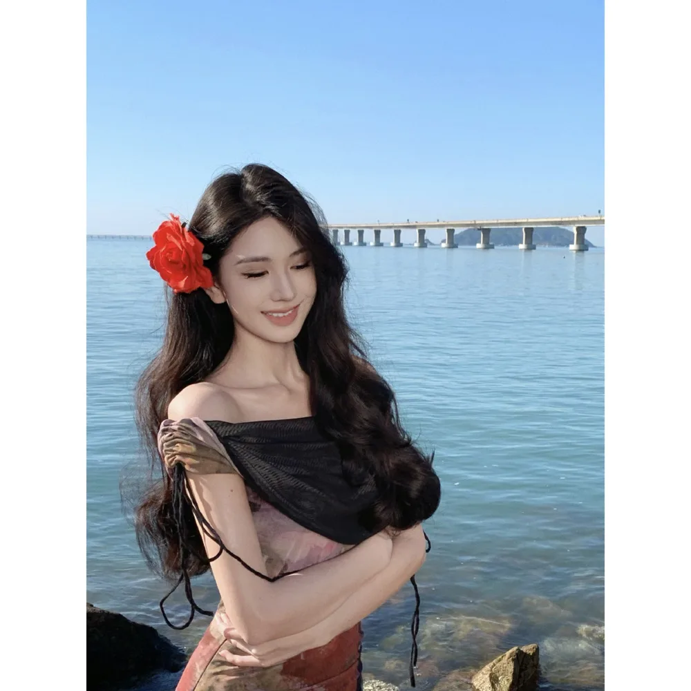 French Off-Shoulder Swing Collar Printed Mesh Dress For Women Summer Cheongsam Sexy Slim Fit Mermaid Bodycon Long Dress