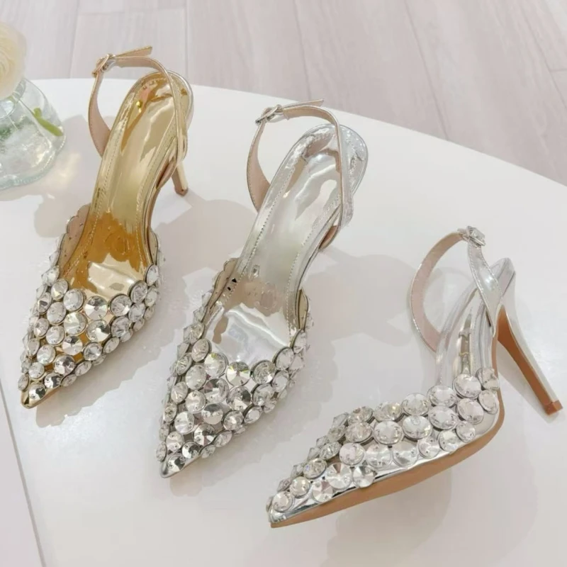 

New Summer High-heeled Sandals, Closed-toe Stiletto Heels, Sexy Pointed-toe Rhinestone Sandals, Open Back Shoes