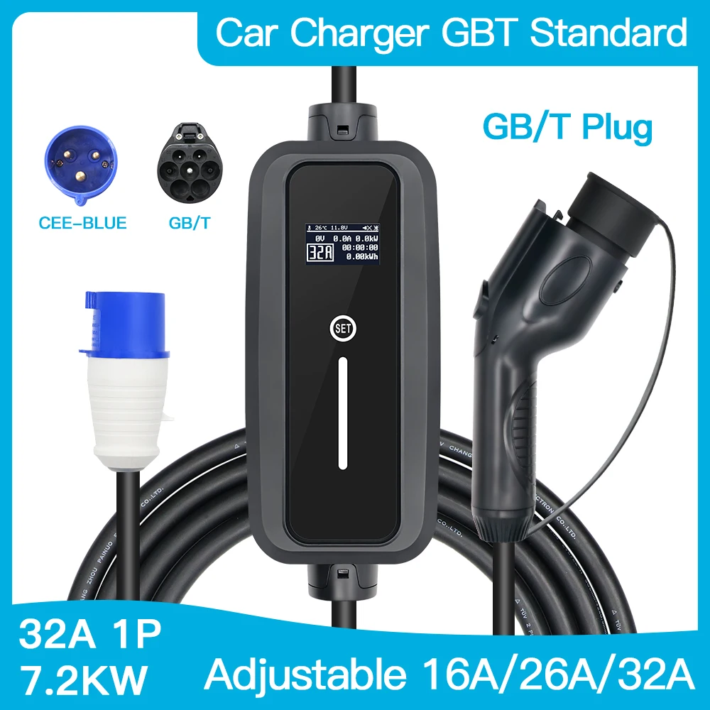 EV 자동차 충전기 GBT 표준 플러그 32A 단상 7.2KW 5 미터 케이블 휴대용 EV 충전기 Wallbox for VW ID4 Pure