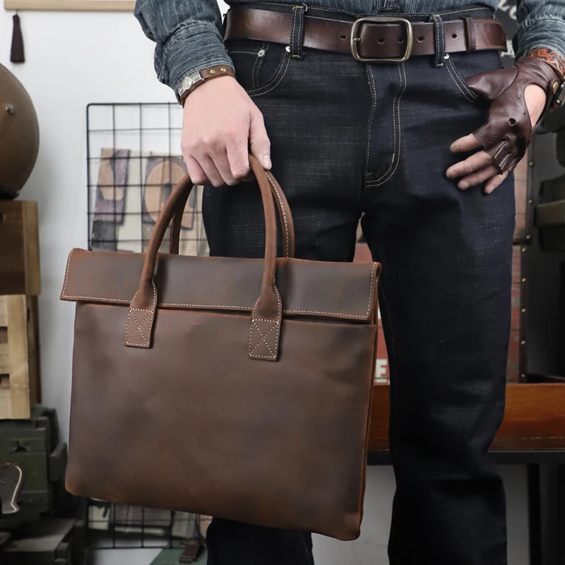 Retro Men's Briefcase Genuine Leather Handbag Top Layer Cowhide Business Tablet Bag Slim Clutch For 16-Inch Laptop