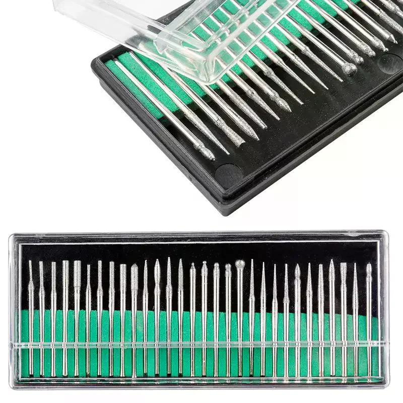 30Pcs Diamond Burs Set 2.35/3mm Shank Rotary Tool Accessories Electric Grinder Abrasive Drill Bits Storage Box Kit