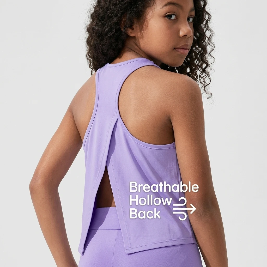 Girls Vibrant Purple Open Back Racerback Sleeveless Top and Shorts, for Outdoor Playground Daily Casual Kids Lightweight