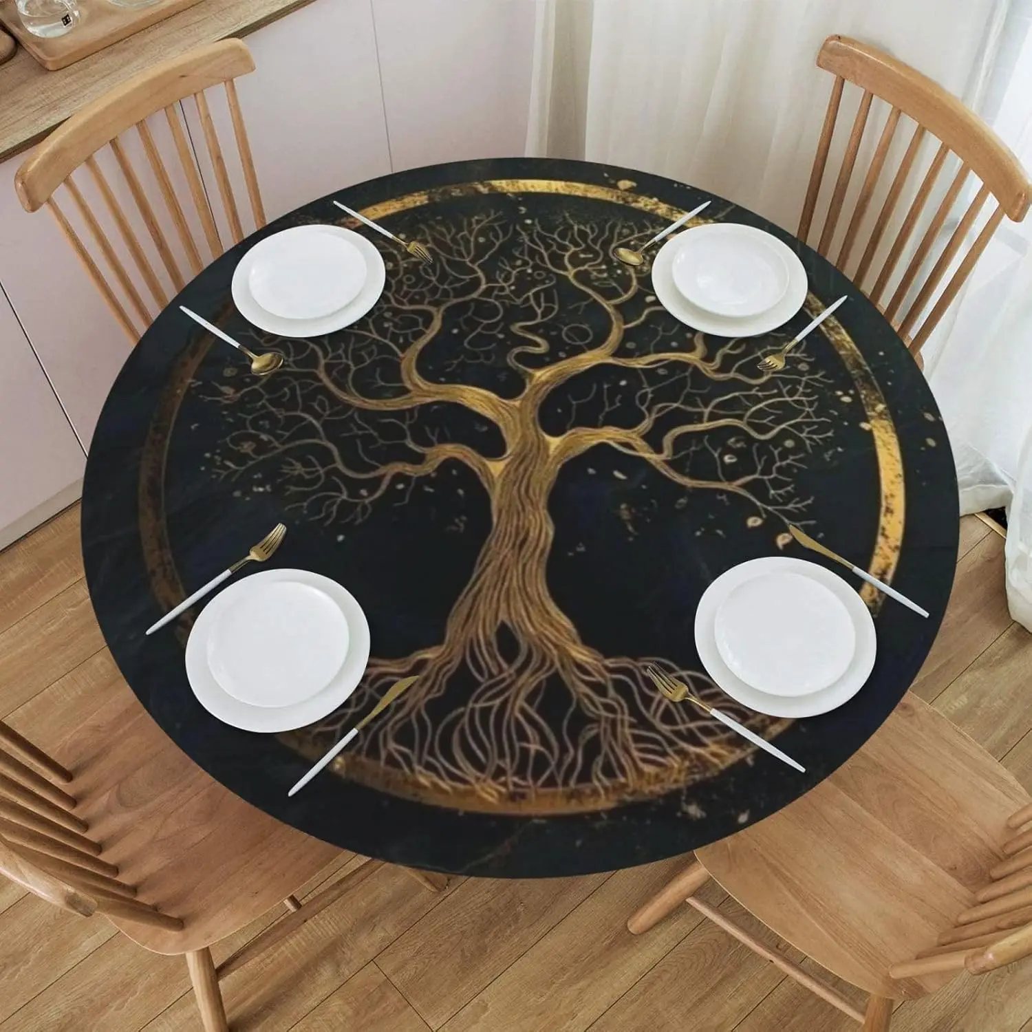 Marmor-Gold-Baum des Lebens, runde Tischdecke mit elastischem Rand, wasserdichte, wiederverwendbare Tischdecke für Urlaubsparty