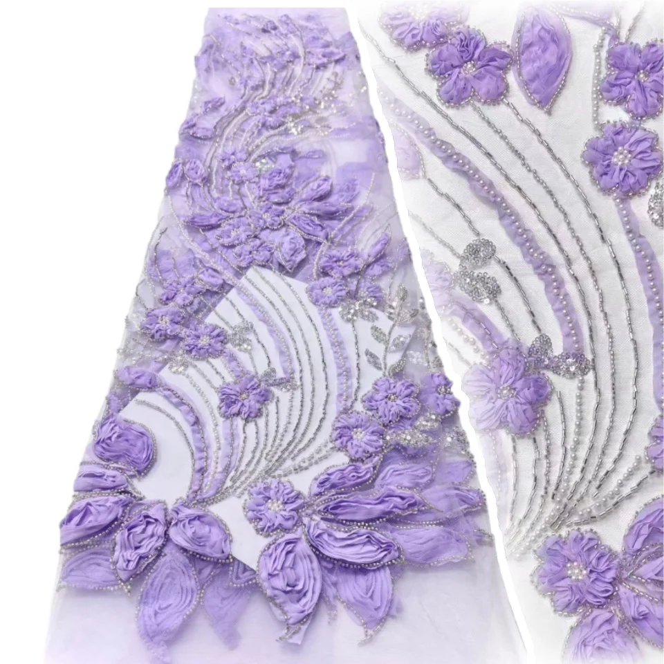 

3D Embroidery Fashion Women Wedding Dress Sewing Material High Quality African Sequins Beaded Lace Fabric for Wedding Party 1654