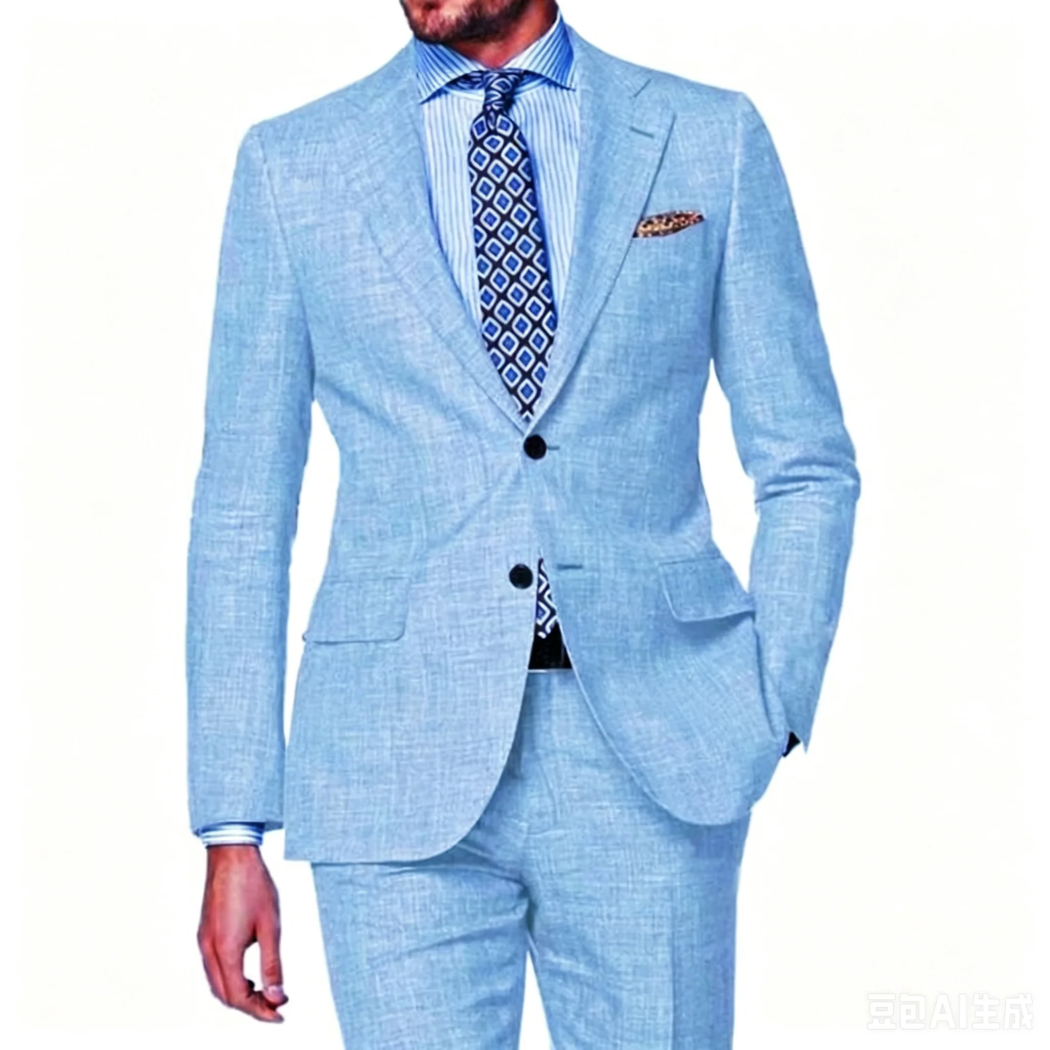 

Blue Linen Wedding Groom Tuxedo Slim Fit Casual Men's Suit with Notched Lapel Jacket And Pants 2-Piece Set for Party Prom Summer