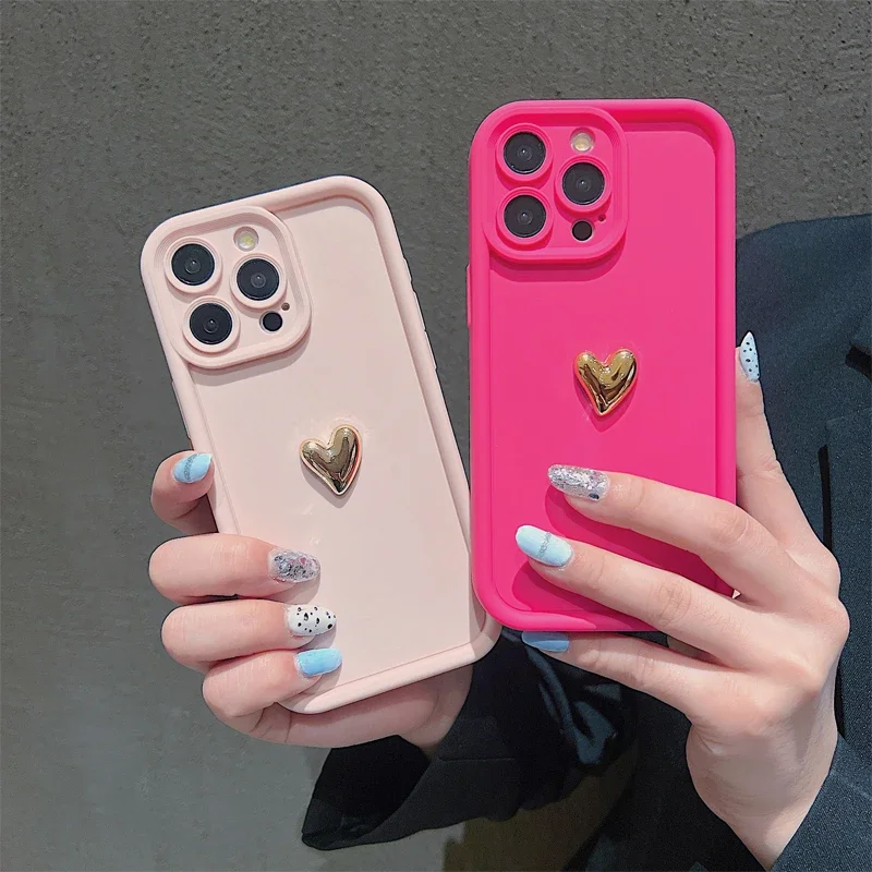 Luxury 3D Gold Heart Silicone Soft Phone Case For iPhone 16 E 15 14 13 12 11 Pro Max XS XR 7 8 Plus Shockproof Candy Matte Cover