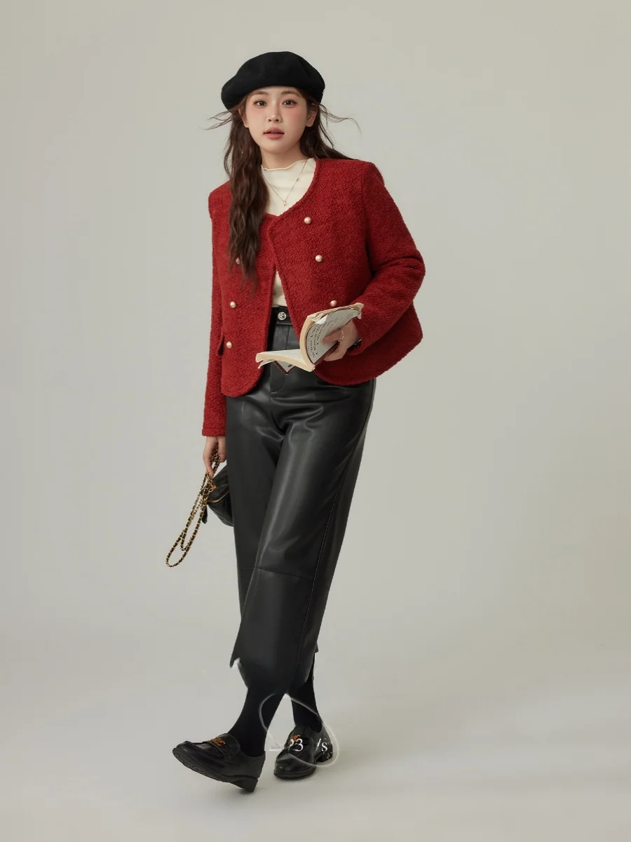 

Monikadm большие размеры женские кожаные брюки в стиле ретро с высокой талией свободный крой повседневные брюки восемнадцать дюймов для похудения осень-зима