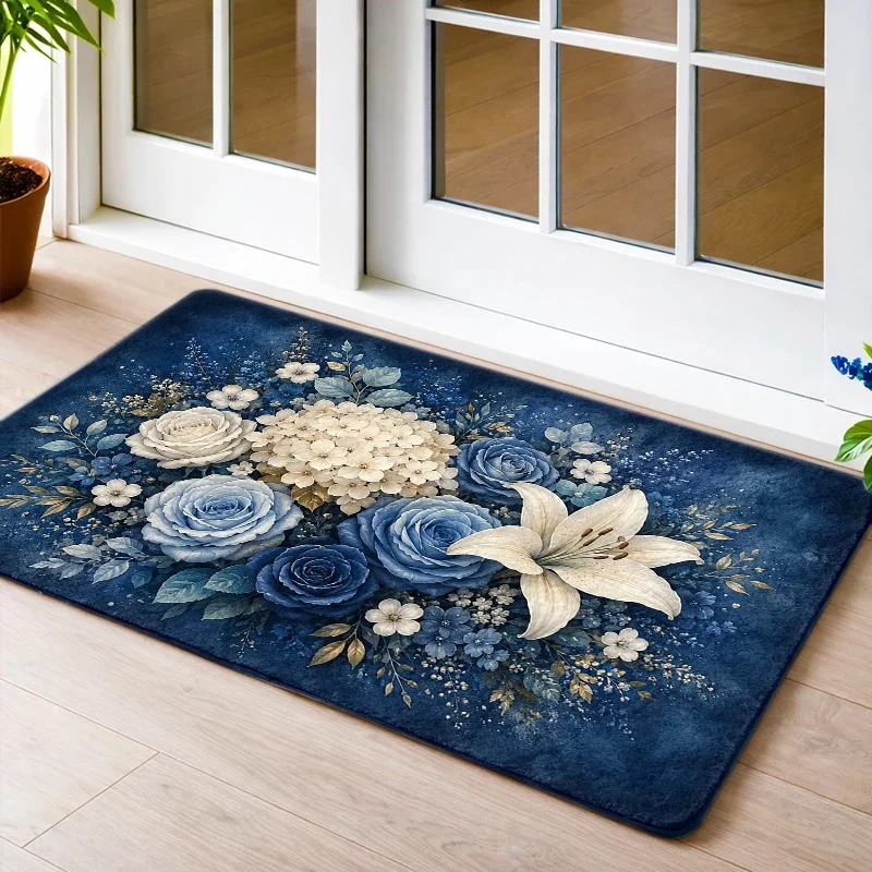 Deep Blue Rose And Lily Area Rug Vintage Floral Bouquet Design Indoor Mat For Bedroom Living Room Entrance Decoration