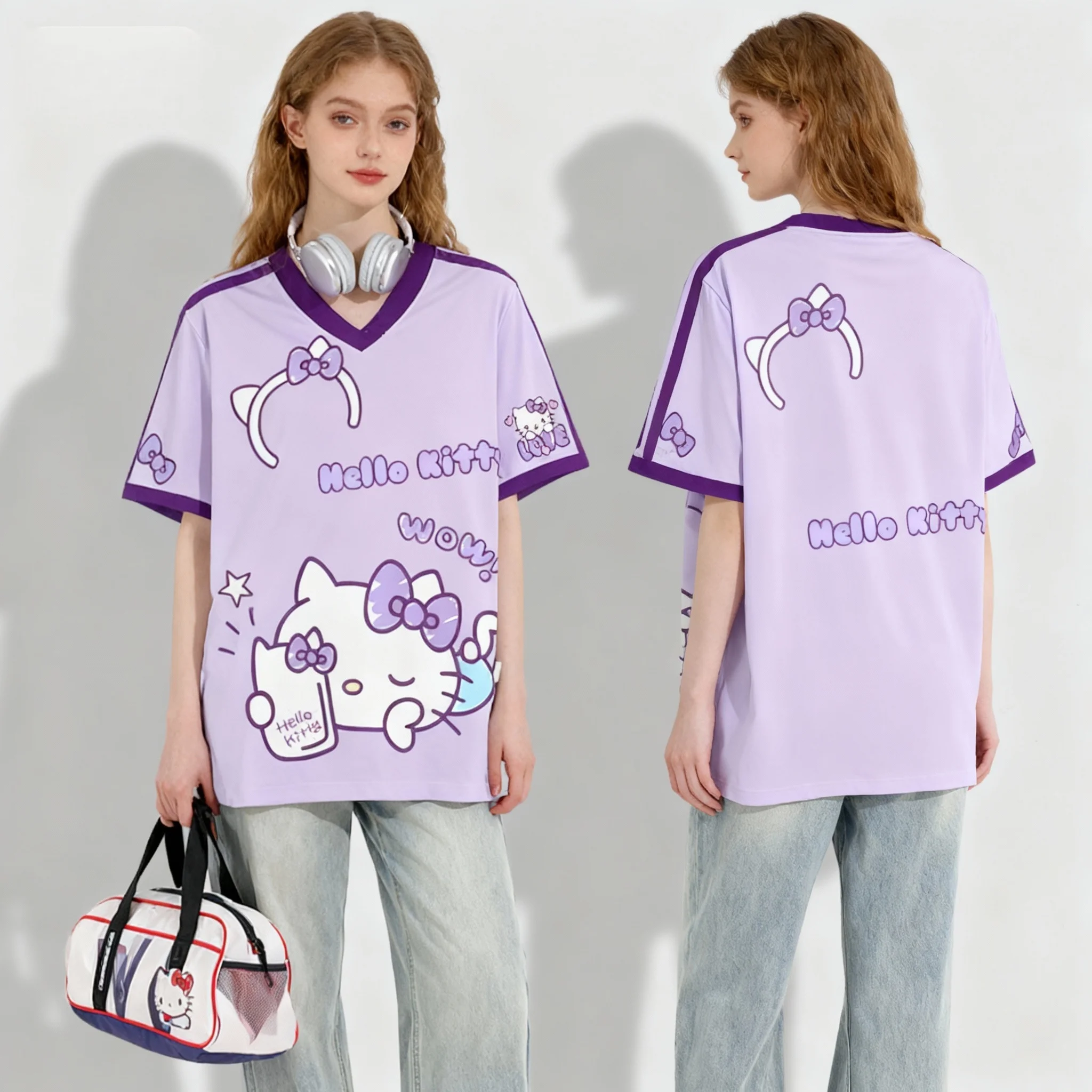 سانريو فاميلي هالو كيتي قميص كاجوال حلو ورائع للشارع الأمريكي تي شيرت صيفي كبير الحجم للسيدات البالغات طراز جديد #5