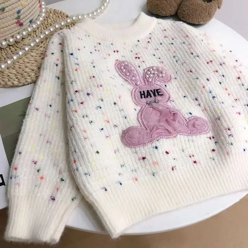 2024 Girl s Latest Pink Rabbit Children\'s Fashionable And Cute Sweater Cartoon Bead Rabbit Girl Sweater Girl Knitwear