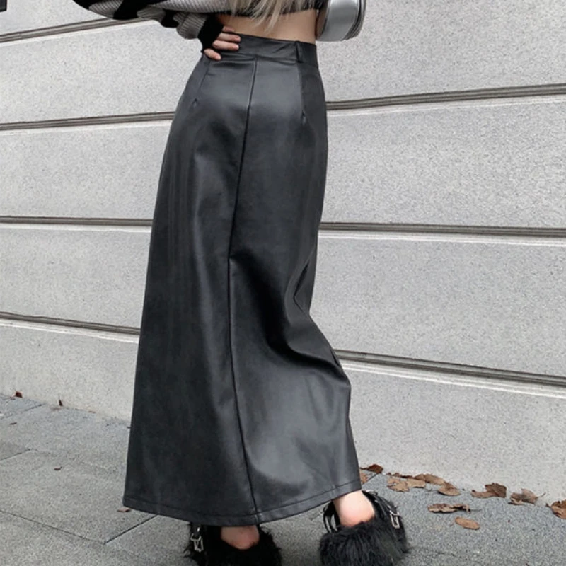 PU Leather Y2k Skirts Women Hotsweet Slit High Waist Streetwear Vintage Teens European Retro Юбка Женская Gothic Ankle-Length