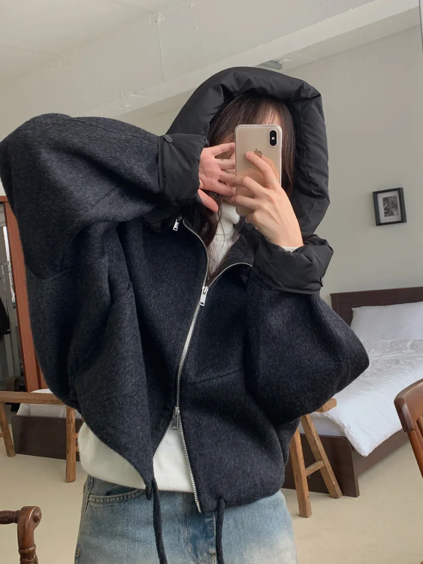 Chaqueta de lana de otoño e invierno para mujer, abrigo informal holgado con capucha desmontable de estilo coreano, abrigo de manga larga con cremallera para mujer (JL3880