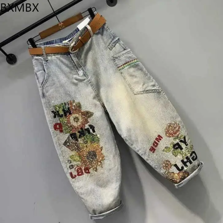 2025 summer large size heavy industry hot diamond printing loose and thin old washed elastic waist jeans women