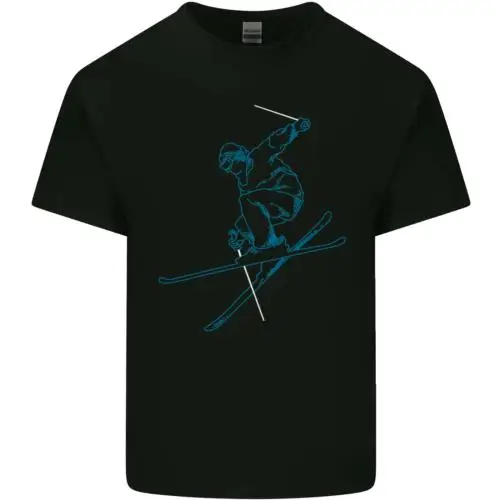 Skier Blue Outline Skiing Ski Mens Cotton T-Shirt Tee Top