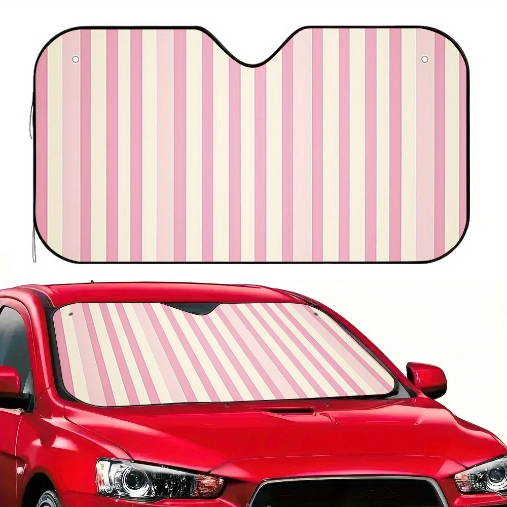 1pc 2D Flat Pink Vertical Stripes Car Sunshade – Stylish Polyester Roll-Up Design, Keeps Your Vehicle Cool, Includes 4 Suction C